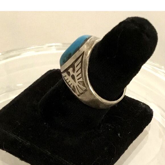 Fred Harvey Era Navajo Double Thunderbird Sterling Turquoise Ring Sz 6.75 - Picture 5 of 10